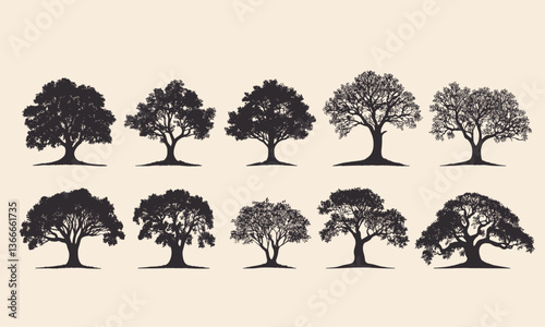 Silhouette collection of diverse tree types in black and white vector