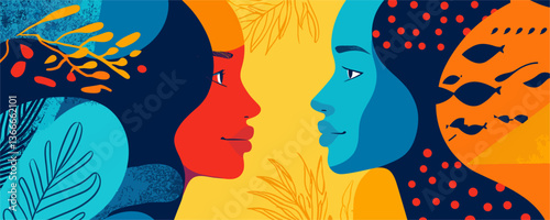 Colorful duality of nature: abstract faces and elements on a bright background vector