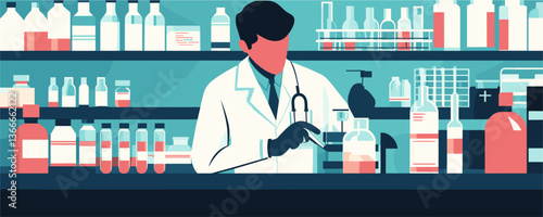 Scientist in laboratory surrounded by equipment and chemicals, working at bench - vector