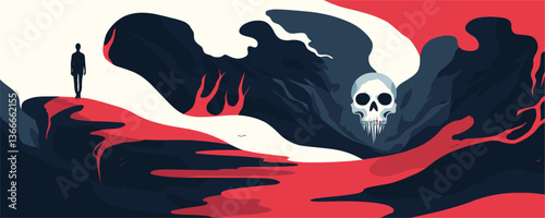 Mysterious landscape with person and skull in abstract red and black design - vector
