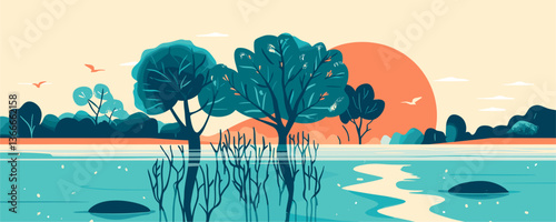 Serene lakeside landscape with trees and sun in retro style - vector