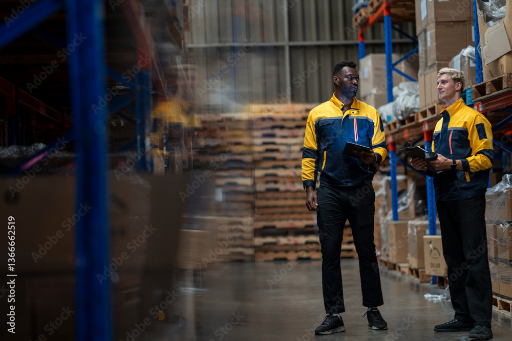 Obraz premium A team of engineers inspects the warehouse in a large storage warehouse. The inspection team uses electronic equipment to monitor the stored goods. staff are in safe working clothes in clean factory.