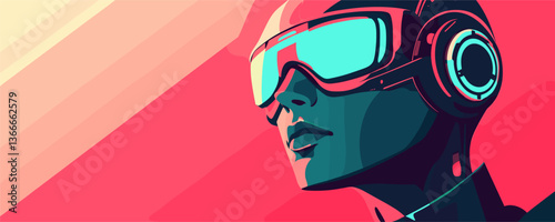 Futuristic cyberpunk style portrait of person wearing neon visor and headset - vector