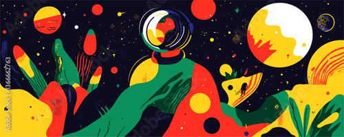 Colorful astronaut in surreal space landscape with planets and stars – vector