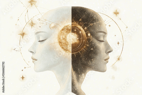 Abstract illustration of two human heads in profile, intertwined with golden celestial symbols, representing astrology and self discovery, and highlighting cosmic connections