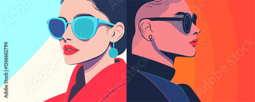 Stylish women in sunglasses side profile on colorful background - vector