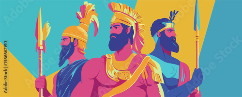 Three ancient warriors with spears in vibrant colors, bold lines and geometric style - vector