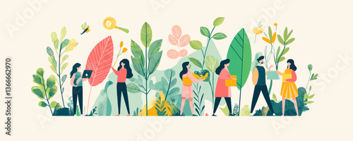 Diverse group engaging with nature and plants, surrounded by leaves and flowers vector