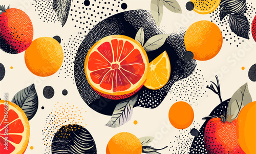 Colorful citrus and tropical fruit pattern with leaves and abstract shapes - vector