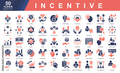Incentive icon collection set. Containing pressure,Best Employee,Difficulty,Productivity,Financial Analysis,Compensation,Expectations,reward,reinforcement,bonus icon. Simple flat vector illustration.