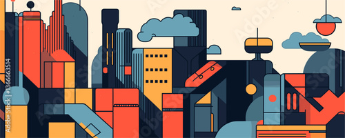Abstract geometric cityscape with modern buildings and clouds - vector