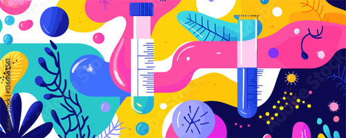 Colorful abstract science art with test tubes and organic elements vector
