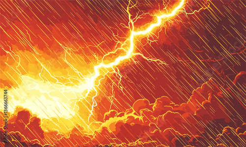 Dramatic lightning in fiery stormy sky with rain at sunset - vector