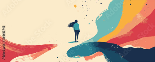 Conceptual abstract art of a lone woman amidst colorful brushstrokes - vector