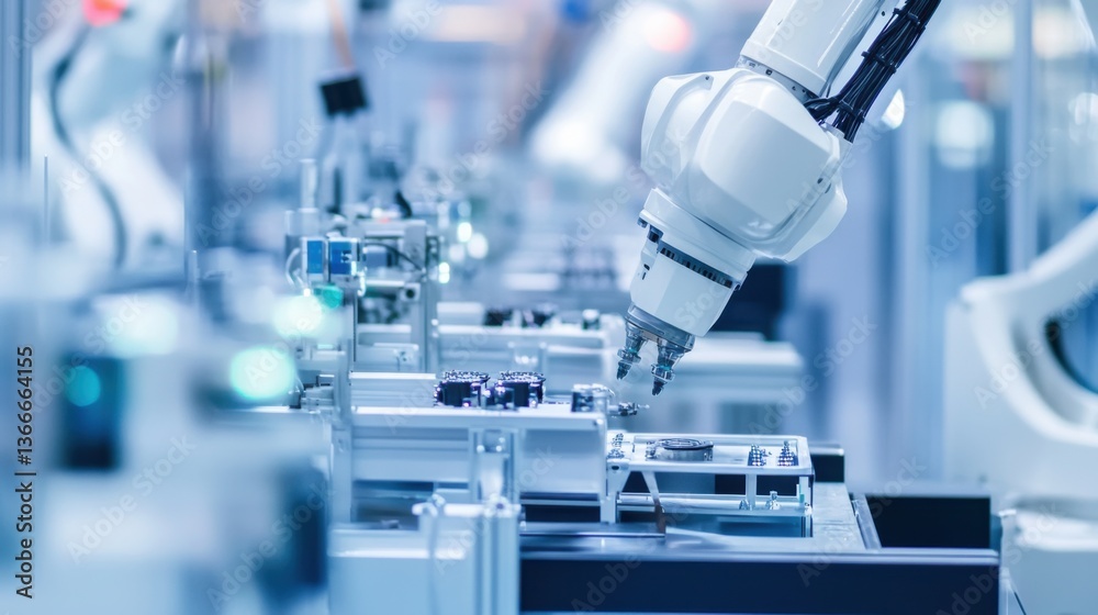 A robotic arm in a futuristic electronics factory, assembling smart home automation systems with AI precision, Home-tech style A robotic arm in a futuristic electronics factory, assembling smart home automation systems with AI precision, Home-tech style