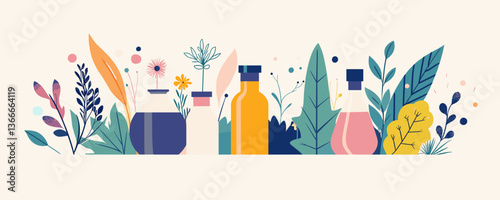 Natural remedies bottles and plants, minimalist botanical design - vector