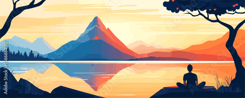 Calm sunset meditation by the lake with majestic mountain scene - vector