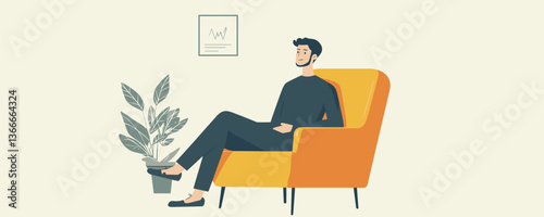 Relaxed man sitting in stylish armchair with plant decor, minimalist design vector