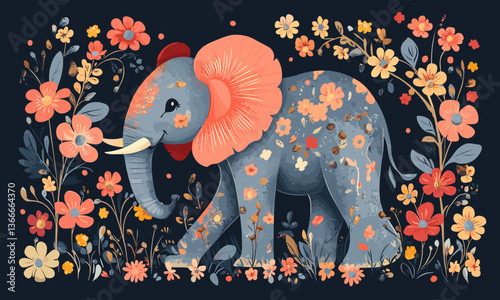 Floral elephant in a garden of colorful flowers on dark background - vector