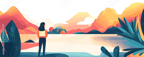 Serene landscape with person admiring sunset over mountains and lake vector