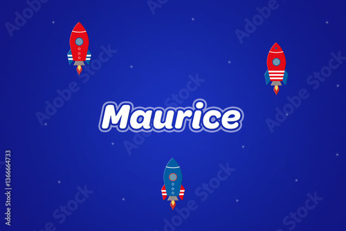 Maurice male boy name illustration in blue with rockets.