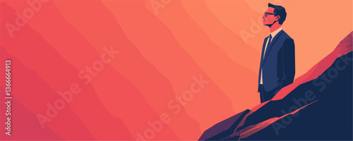 Confident businessman standing on mountain peak at sunset, leadership concept vector