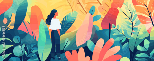 Woman exploring lush abstract jungle with colorful leaves and plants vector