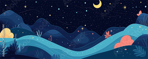 Night sky over serene mountain landscape with river and stars, moonlit scene vector