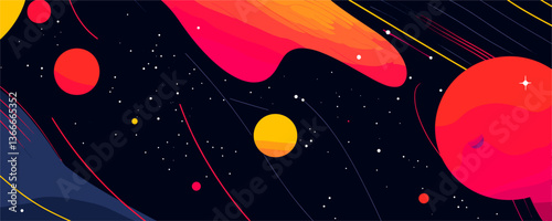Colorful cosmic scene with planets and stars, abstract space art design, vector