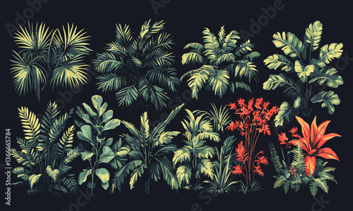 Tropical foliage assortment with lush green leaves and vibrant red flowers on black background vector