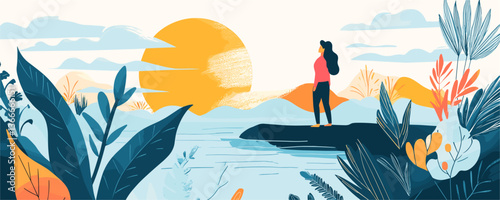 Woman standing on lakeside cliff at sunset with vibrant leafy surroundings - vector