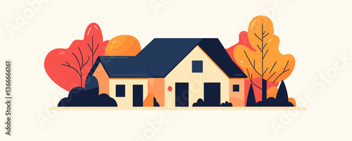 Modern house with autumn trees and minimalist design – vector
