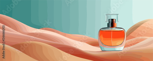 Perfume bottle on abstract wave background – gradient colors in vector