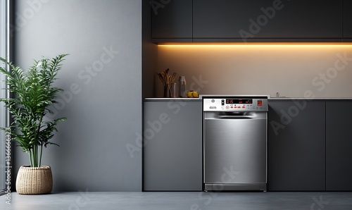 A modern kitchen with a built in dishwasher and plant