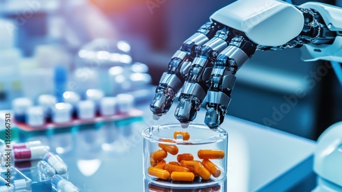 A robotic arm in a futuristic pharmaceutical plant, assembling personalized medicine packaging for precise dosage distribution, Pharma-tech style