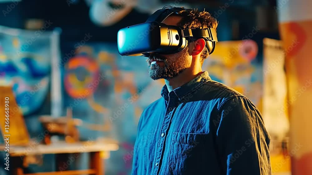 Man using virtual reality headset in creative studio with colorful murals and art supplies around Man using virtual reality headset in creative studio with colorful murals and art supplies around