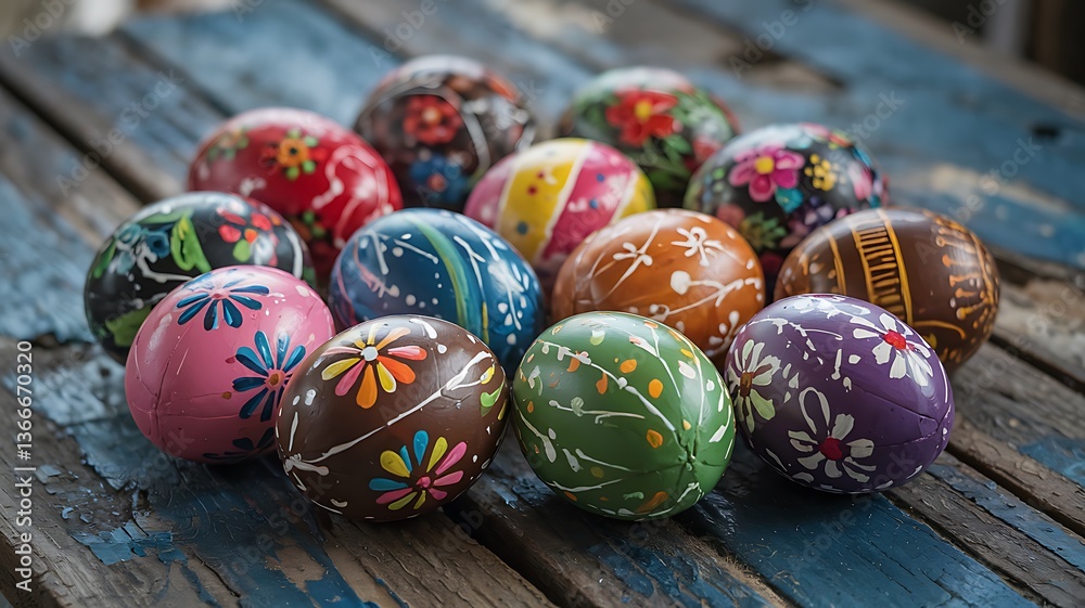 Fototapeta premium Vibrant Hand-Painted Easter Eggs with Unique Artistic Patterns Colorful Designs Arranged on Rustic Blue Wooden Surface with Festive Spring Elements for a Cheerful and Joyful Easter Holiday Celebration