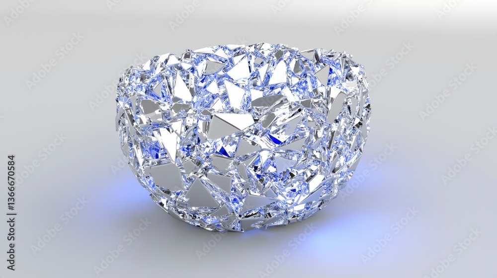 Abstract Silver Bowl 3D Render Intricate Fragmented Design with Blue Light Abstract Silver Bowl 3D Render Intricate Fragmented Design with Blue Light