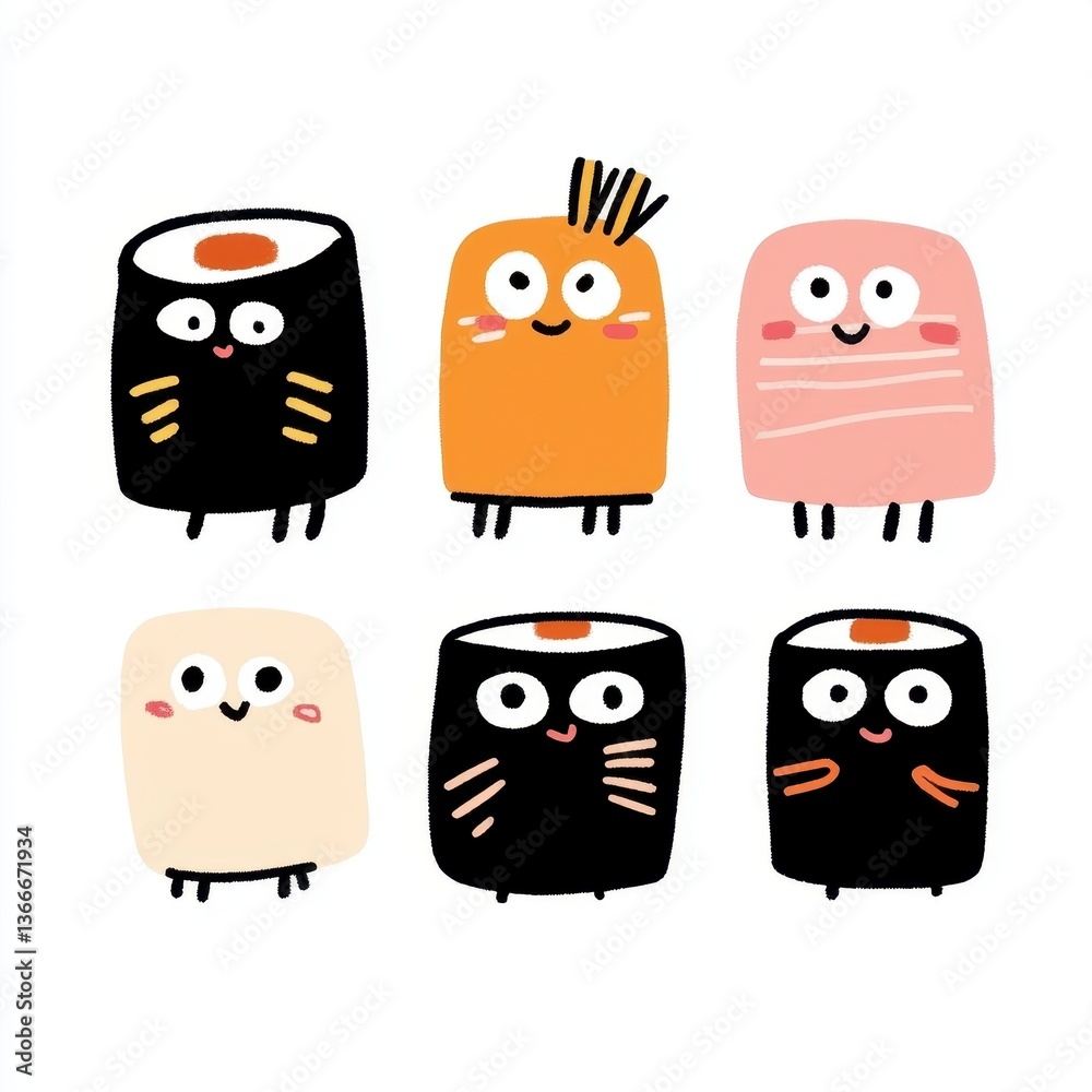 Fototapeta premium Adorable Cartoon Sushi and Treats Illustration