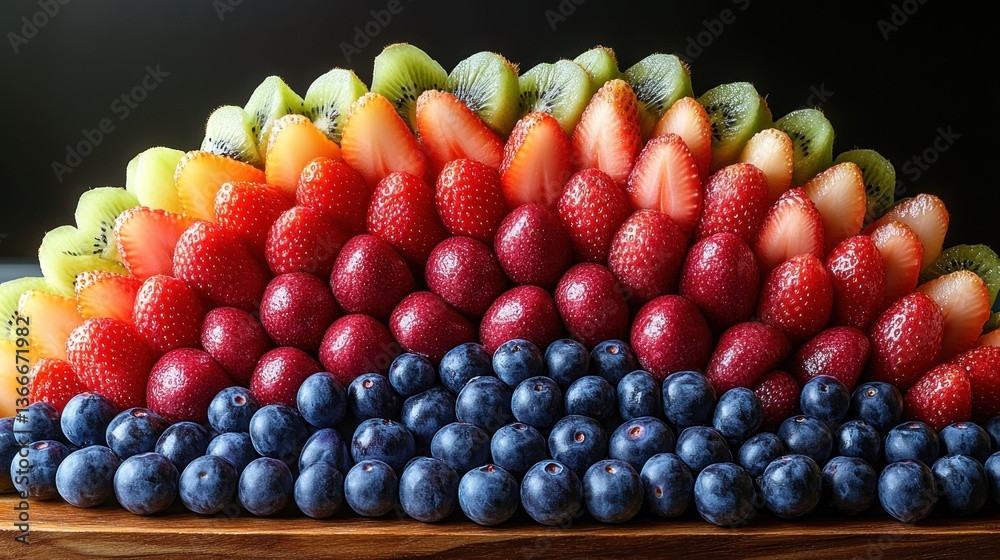 Fruits arranged in a rainbow pattern on a white surface Fruits arranged in a rainbow pattern on a white surface
