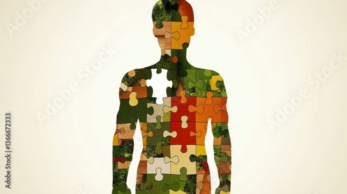 Colorful Food Puzzle Pieces Form Human Silhouette Missing One Piece at Heart Area Light Beige Background
