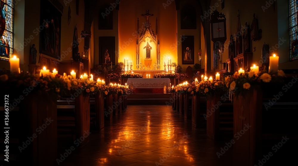 Fototapeta premium Warm Candlelit Sanctuary with Decorative Flowers in Calm Church