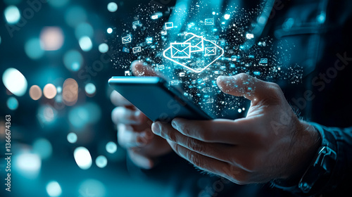 Digital Communication: Close-up of hands holding a smartphone with digital email icons hovering above, symbolizing modern communication and technology's impact.