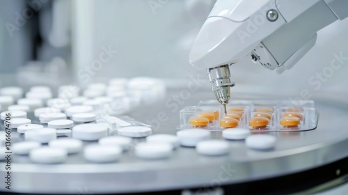 A robotic arm in a high tech bio manufacturing facility, assembling personalized medicine delivery systems for tailored healthcare solutions, Bio-tech style