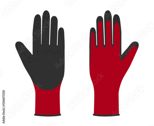 Nitrile Coated Work Gloves hand red black cartoon accessory clothing technical illustration garment. Vector garden front palm back view for Men, women, unisex style flat sketch on white background