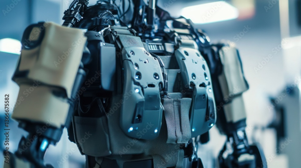 A robotic arm in a high tech defense engineering facility, assembling smart body armor with adaptive materials for soldiers, Military-tech style A robotic arm in a high tech defense engineering facility, assembling smart body armor with adaptive materials for soldiers, Military-tech style
