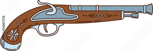 Cartoon groovy corsair and pirate flintlock, vintage pistol gun with engravings on its wooden handle and metal barrel. Isolated vector classic firearm for duel, treasure hunt, and historical adventure
