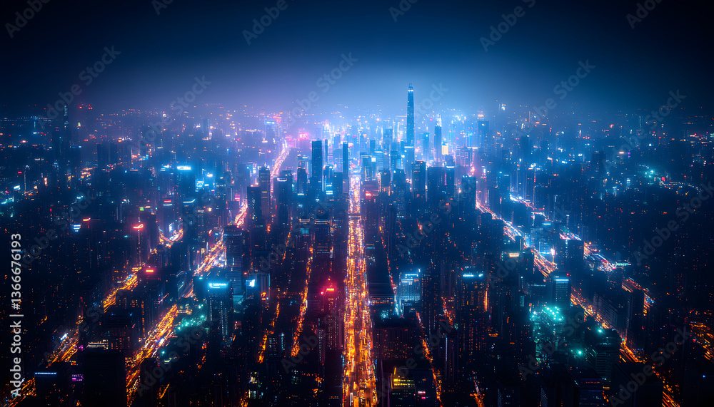 Fototapeta premium Aerial View of a Night City Skyline with Vibrant Lights
