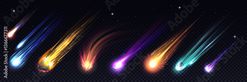 Realistic galaxy space comets, meteors and asteroids, vector 3d shooting stars and meteor showers themes. Realistic comets, stars, meteors and asteroids falling down with light trails, fire flame tail