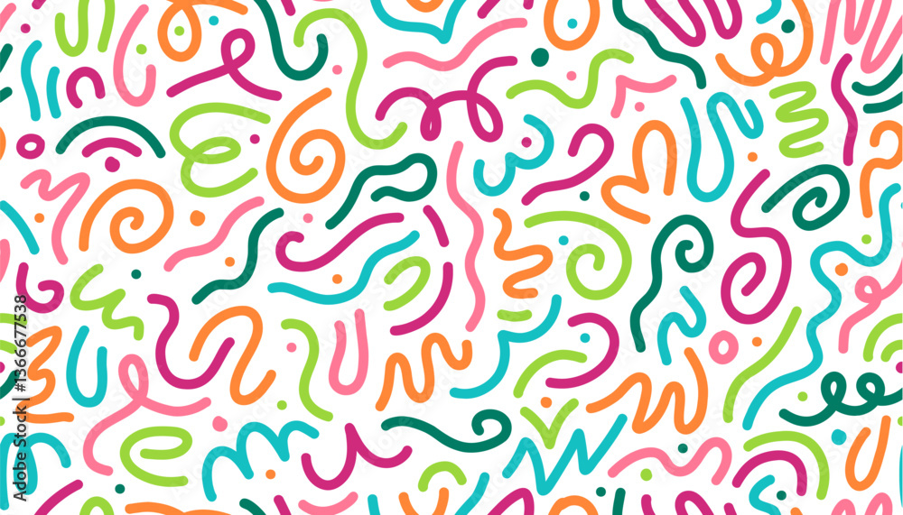 Fototapeta premium Color line squiggle shapes seamless pattern of abstract doodle scribbles, vector background. Squiggle line pattern with colorful scribble swirls, wavy confetti twirls and color dots on background